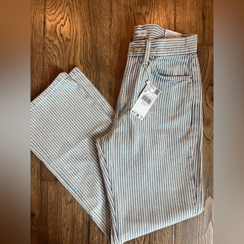 Mango NWT Striped Straight Leg Jean Blue White 6 - Picture 3 of 6